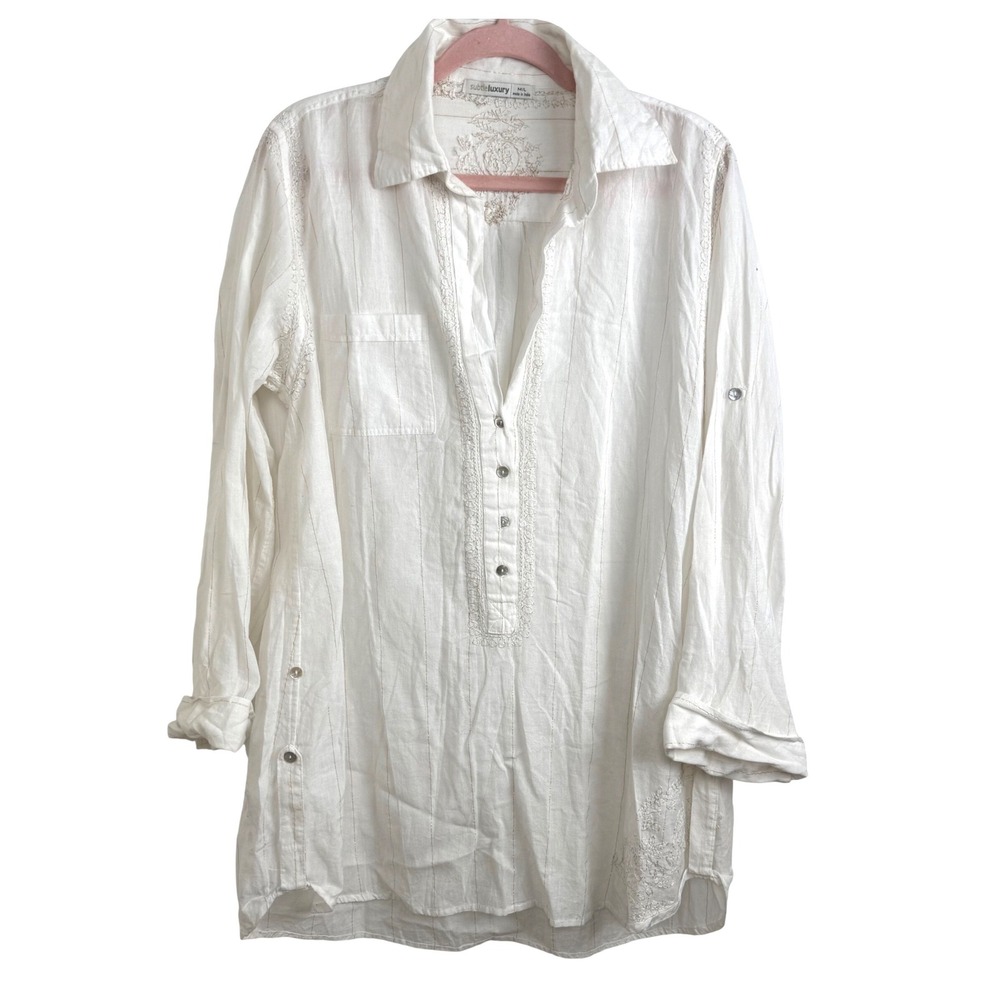 Subtle Luxury Tunic Top Womens M White Cotton Embroidered Boho Beach